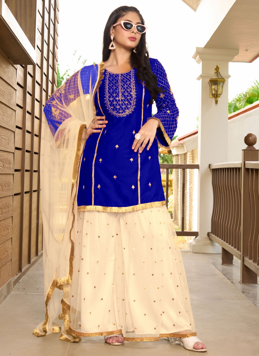 Embroidered Cotton Silk Palazzo Suit - T4411