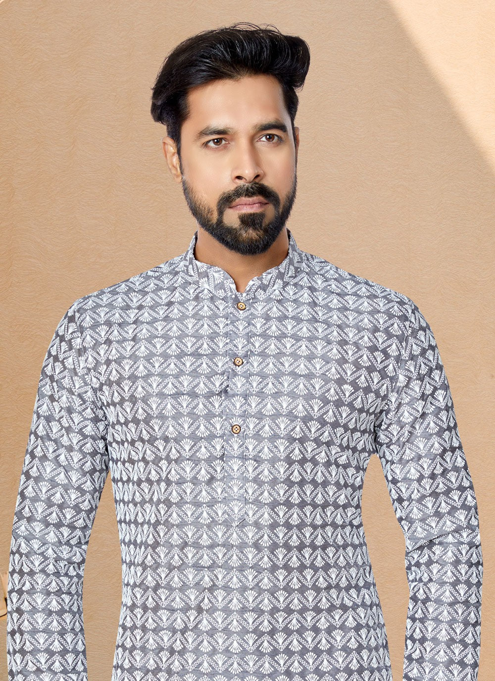 Embroidered Cotton Silk Grey Kurta Pyjama - M4989