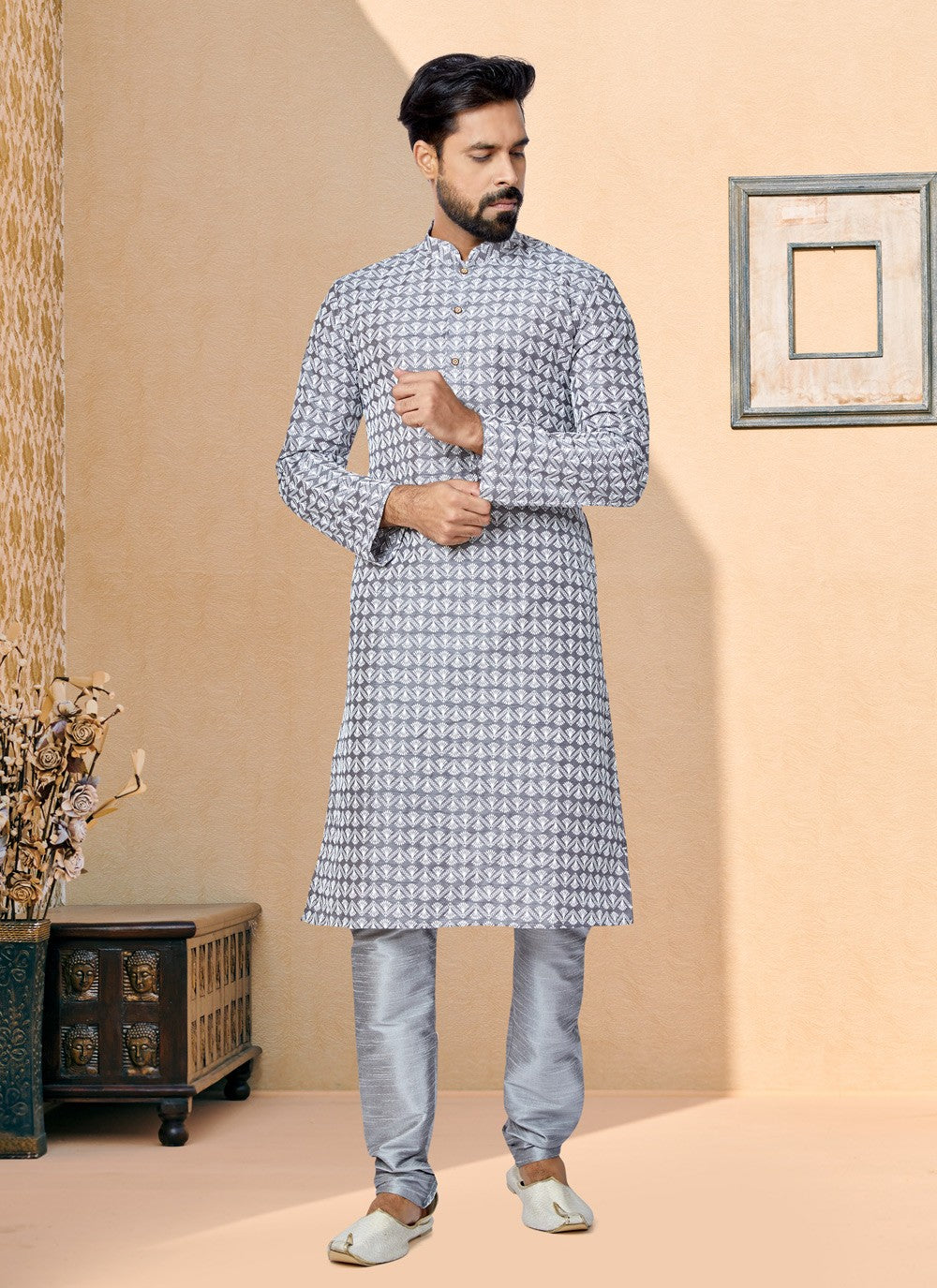 Embroidered Cotton Silk Grey Kurta Pyjama - M4989