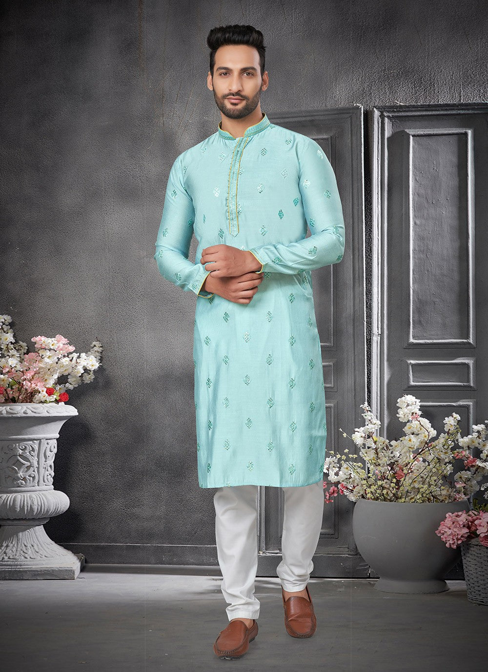 Embroidered Cotton Silk Aqua Blue Kurta Pyjama - M6405