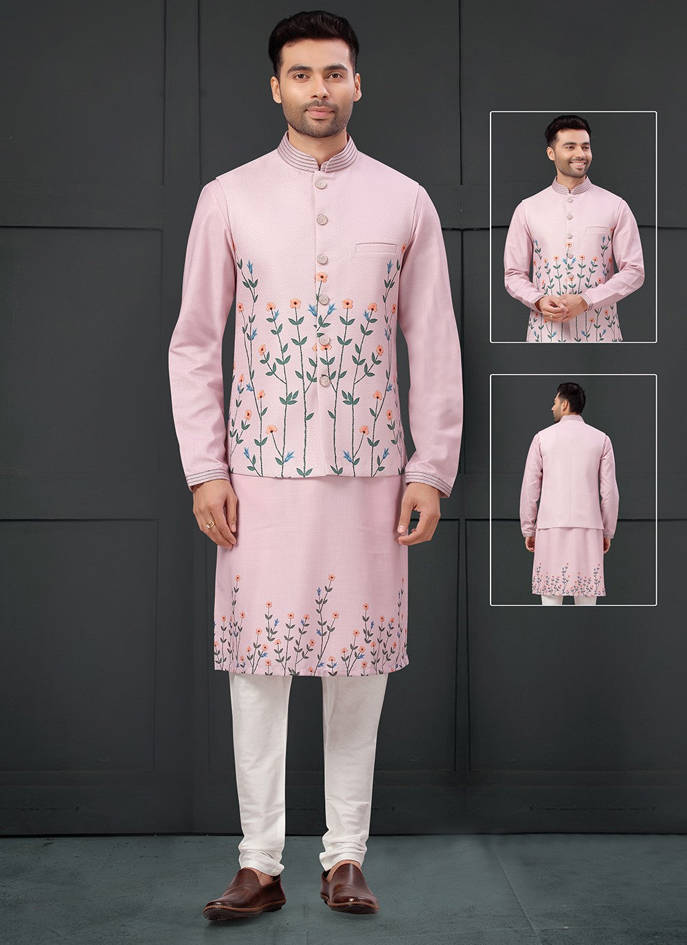 Thread Cotton Silk Pink Kurta Payjama With Jacket - M4085