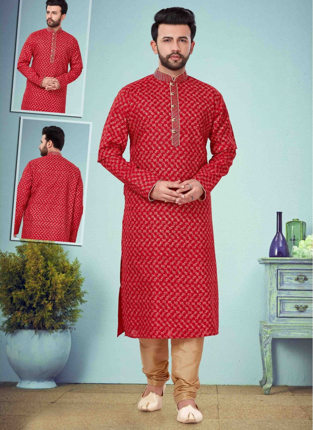 Embroidered Cotton Silk Red Kurta Pyjama - M1643