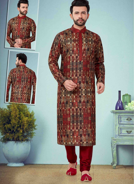 Printed Cotton Silk Multi Colour Kurta Pyjama - M1629