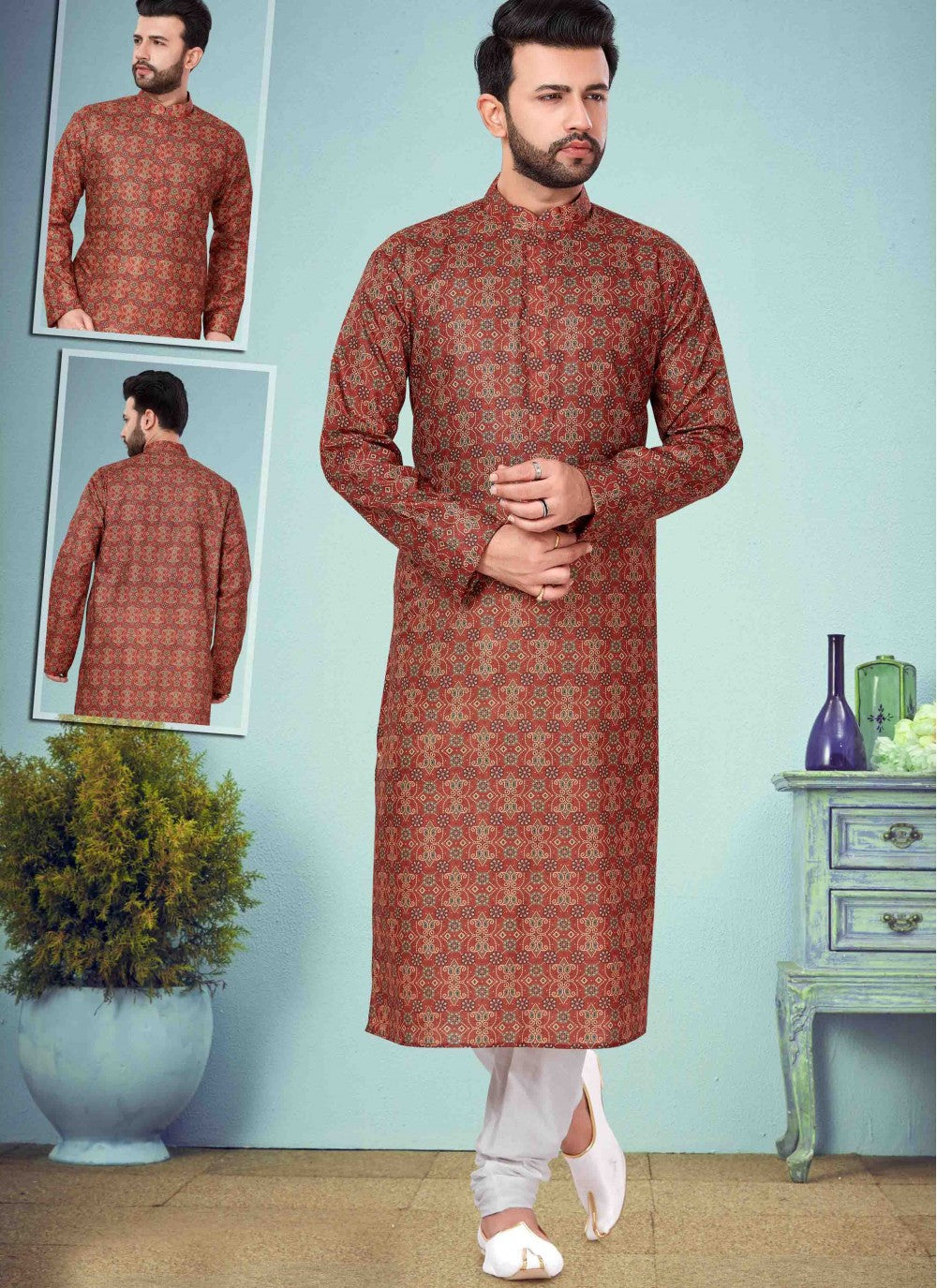 Printed Cotton Silk Multi Colour Kurta Pyjama - M1623