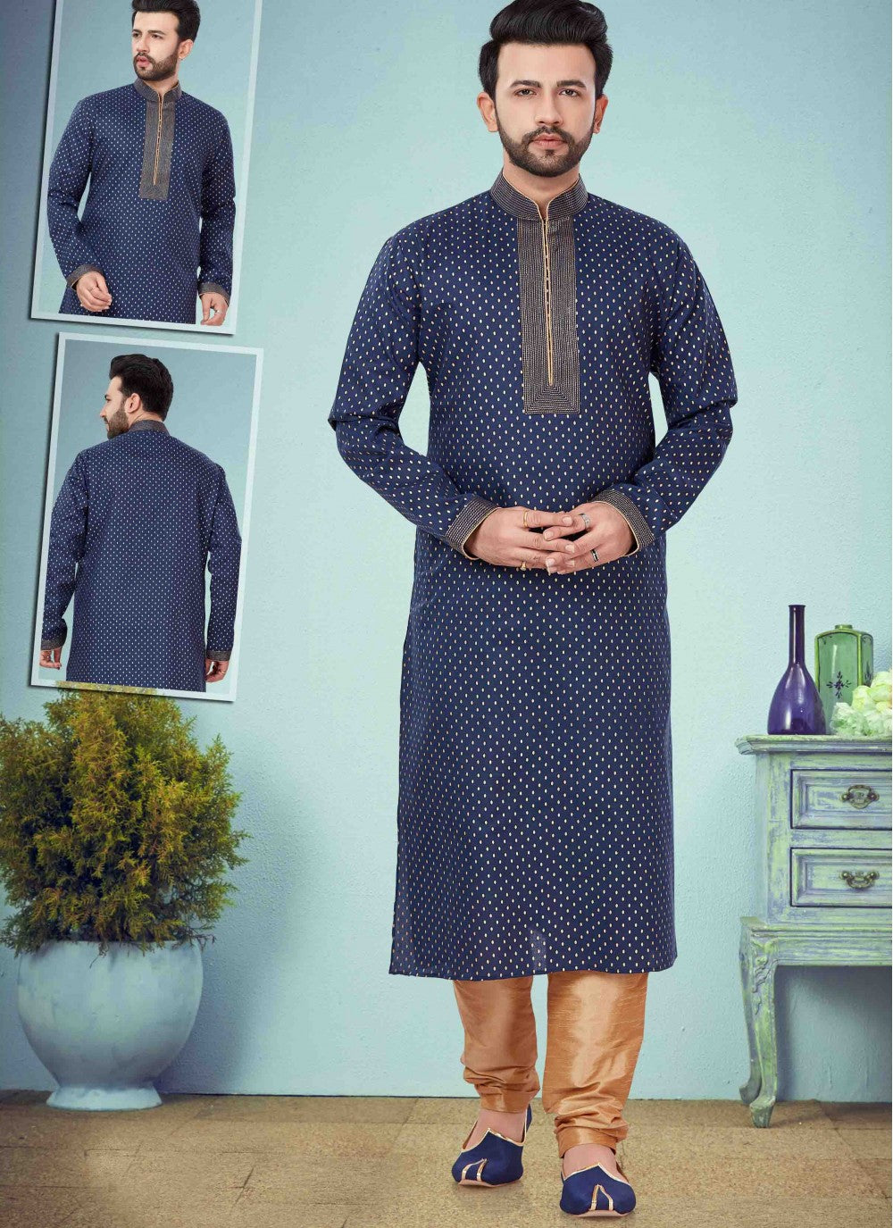 Printed Cotton Silk Navy Blue Kurta Pyjama - M1636