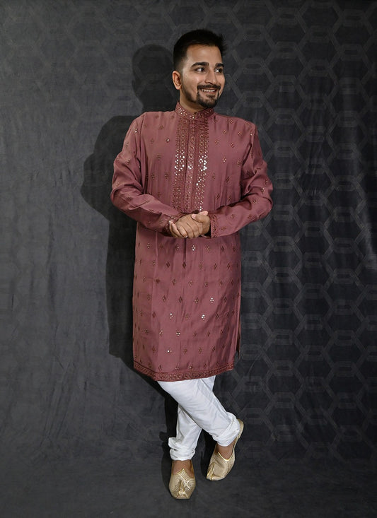 Embroidered Cotton Silk Pink Kurta Pyjama - M6189