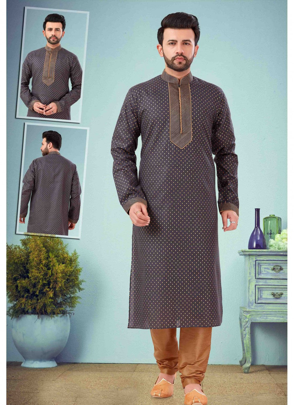 Printed Cotton Silk Grey Kurta Pyjama - M1632