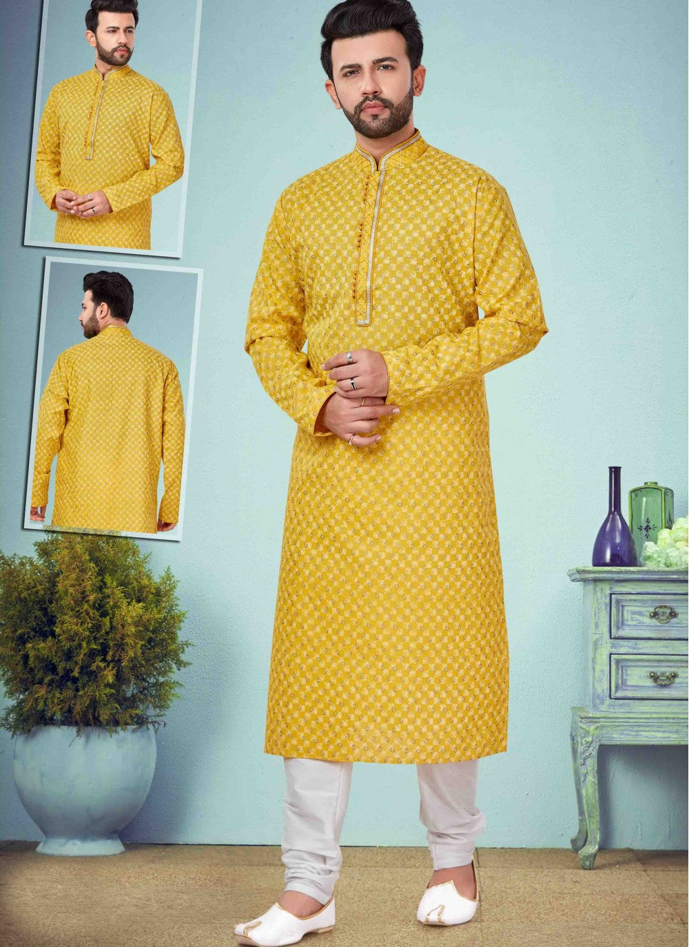 Printed Cotton Silk Yellow Kurta Pyjama - M1626