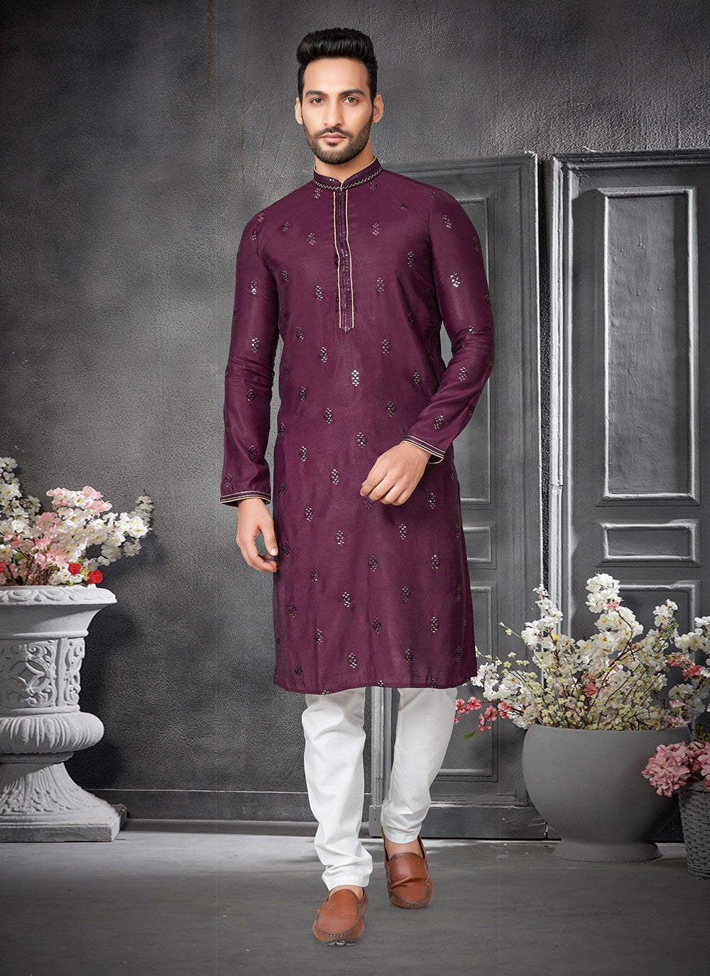 Embroidered Cotton Silk Purple Kurta Pyjama - M6400