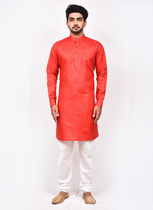 Plain Cotton Silk Red Kurta Pyjama - M3252