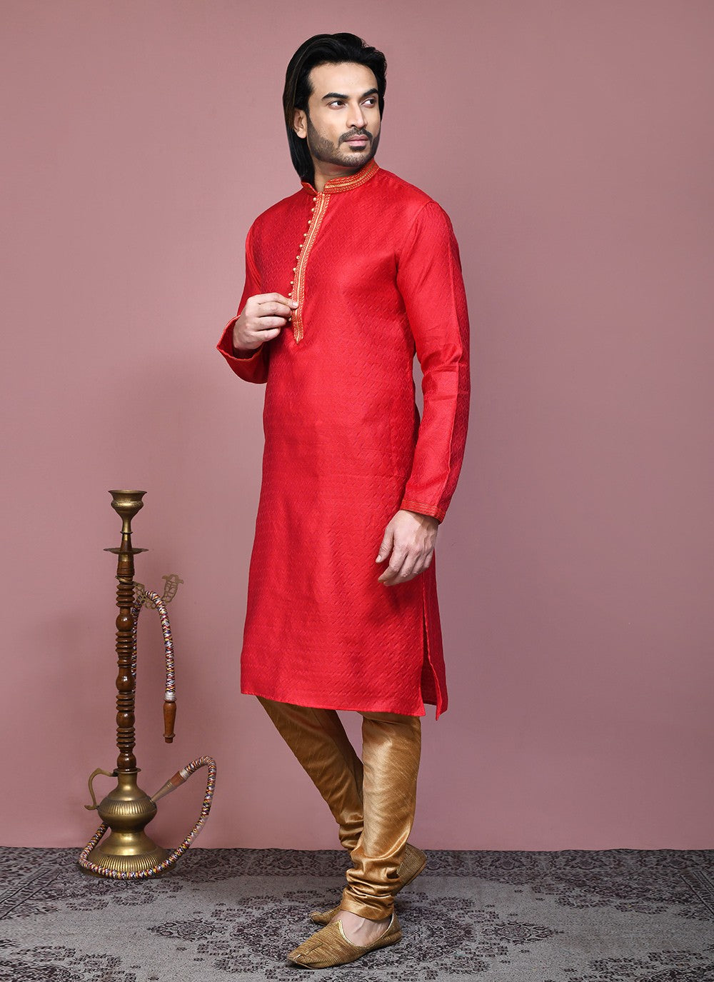 Resham Cotton Silk Red Kurta Pyjama - M7888