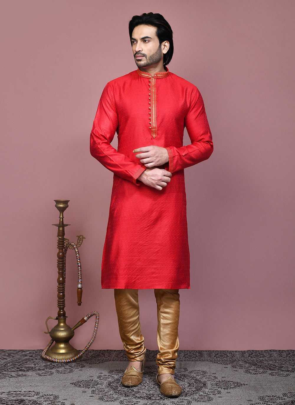 Resham Cotton Silk Red Kurta Pyjama - M7888