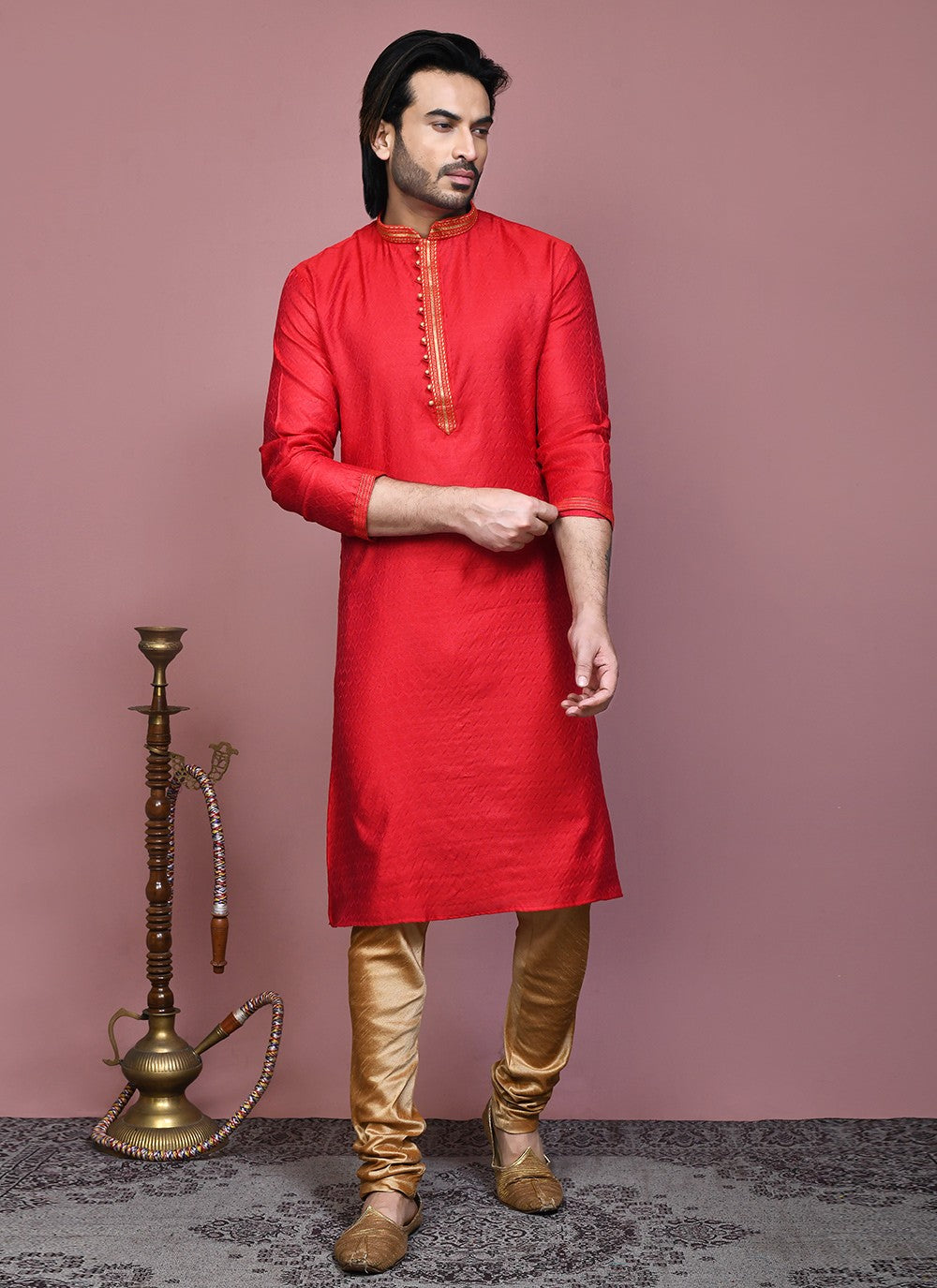 Resham Cotton Silk Red Kurta Pyjama - M7888