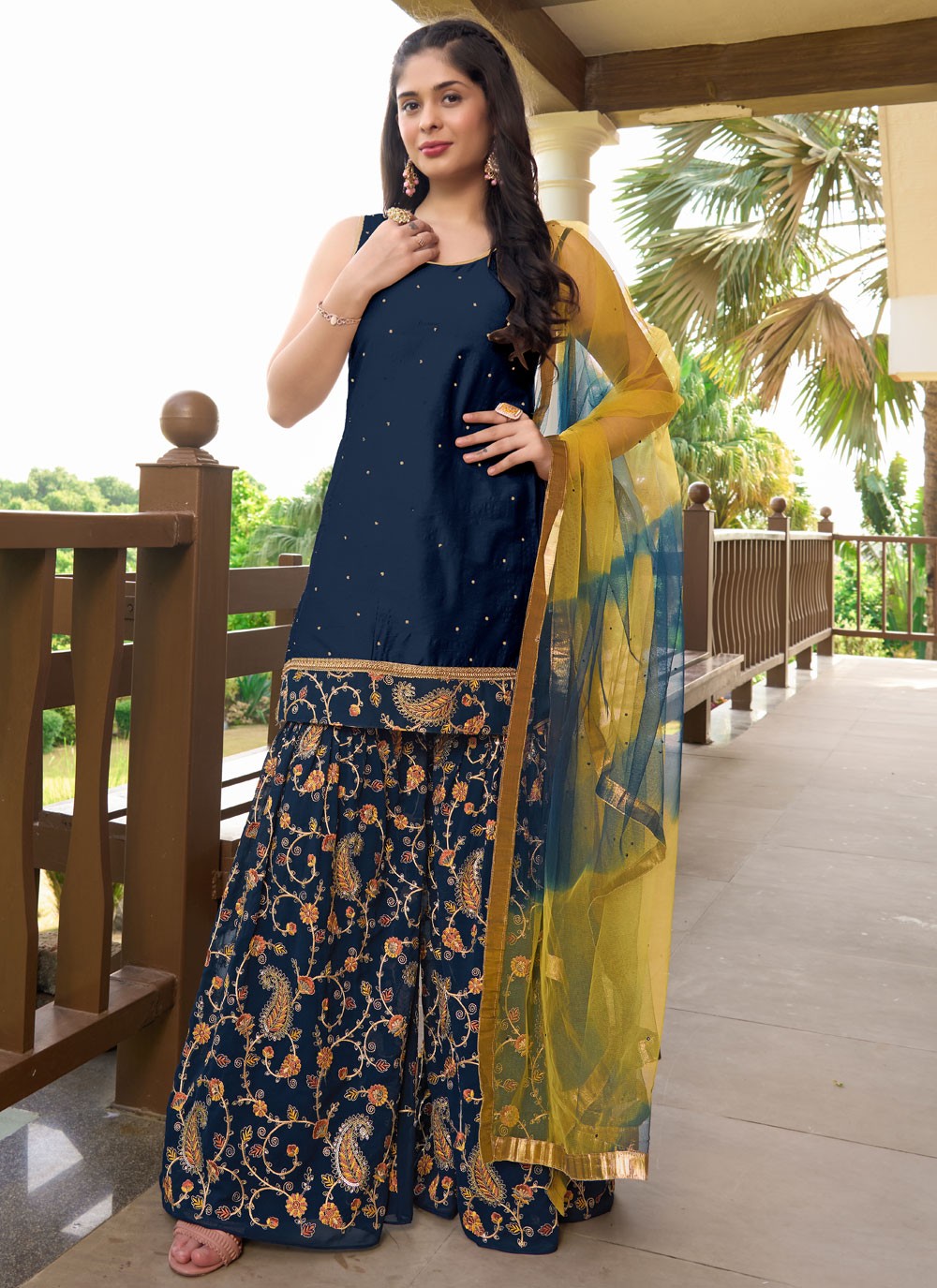 Embroidered Cotton Silk Palazzo Suit - T4407