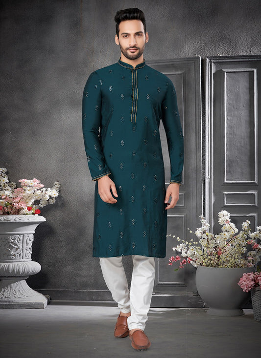 Embroidered Cotton Silk Teal Kurta Pyjama - M6401