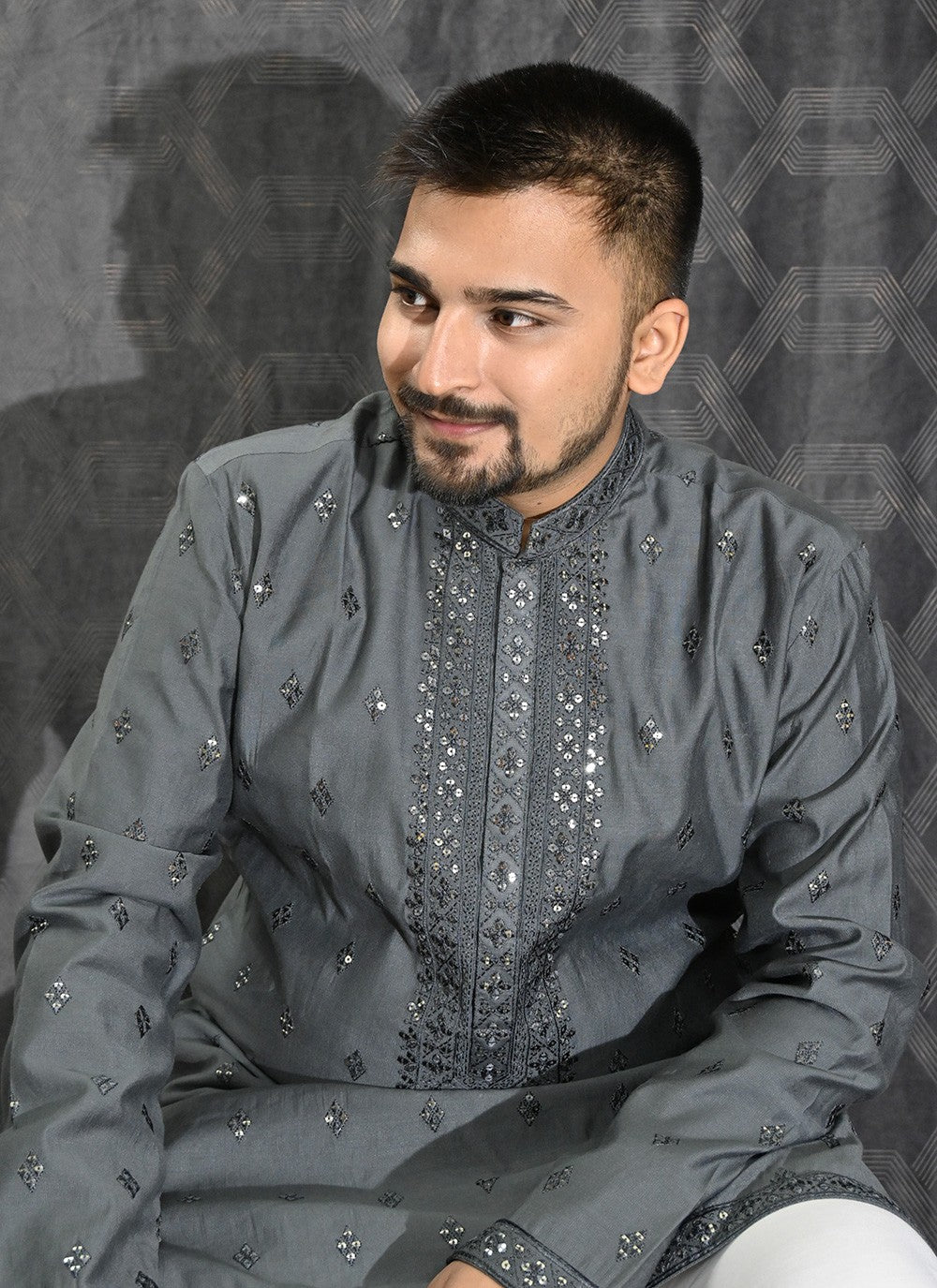 Embroidered Cotton Silk Grey Kurta Pyjama - M6191