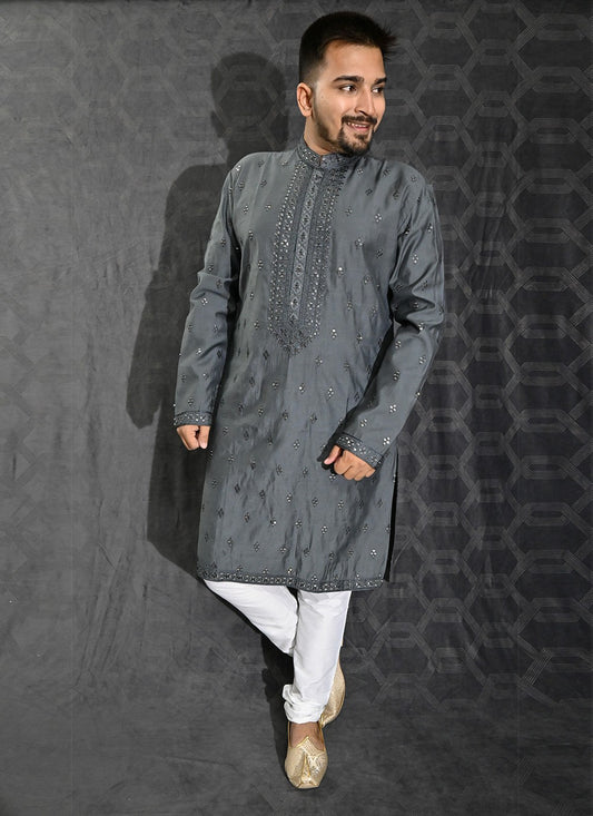 Embroidered Cotton Silk Grey Kurta Pyjama - M6191