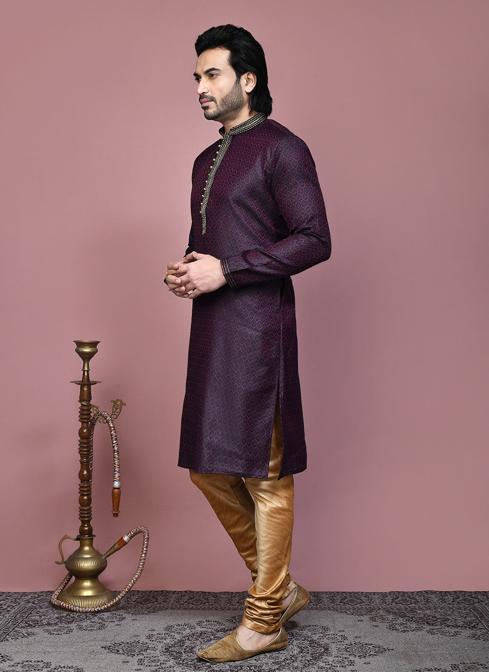 Resham Cotton Silk Wine Kurta Pyjama - M7887