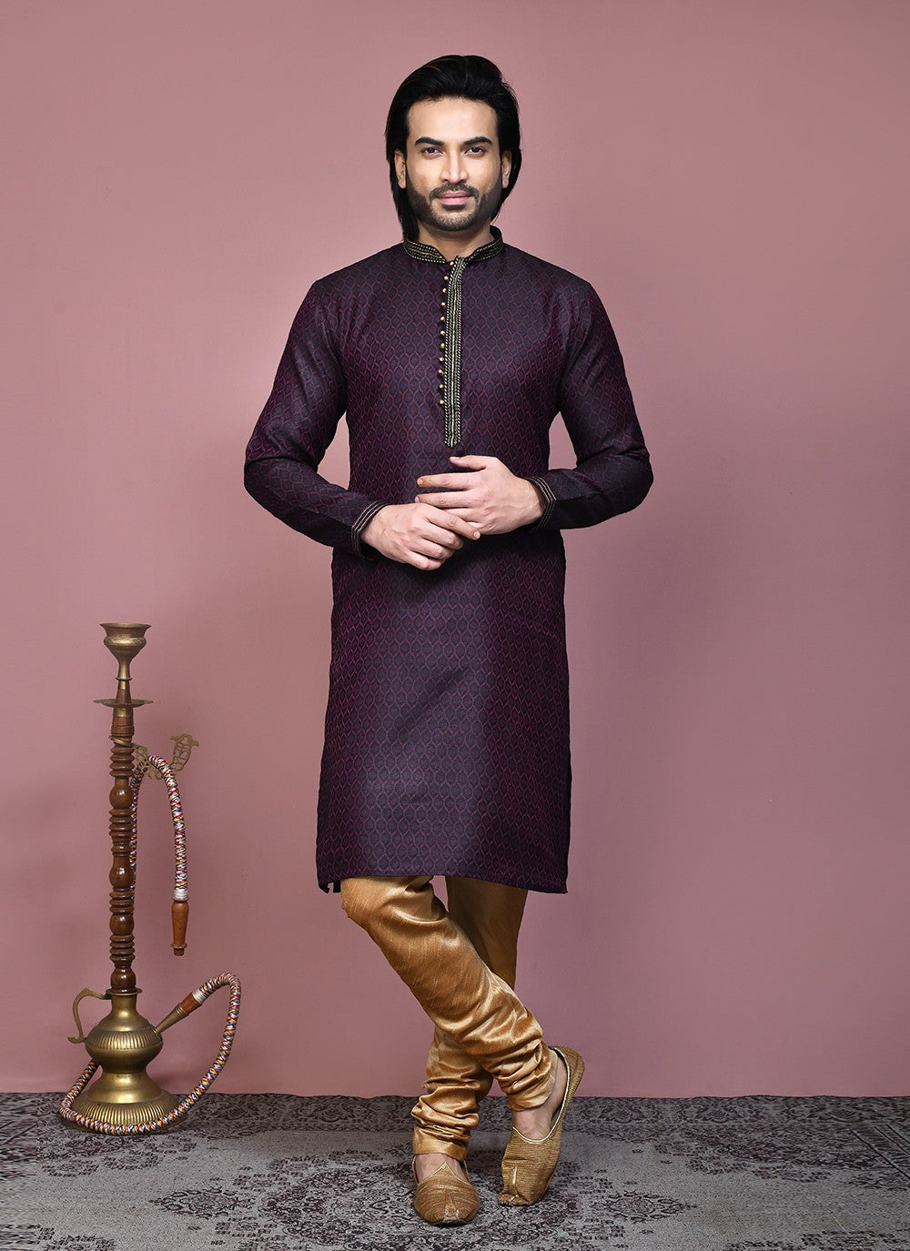 Resham Cotton Silk Wine Kurta Pyjama - M7887