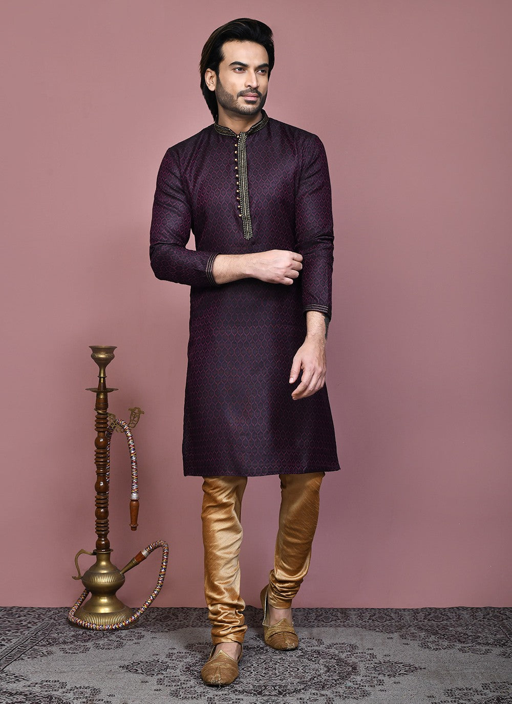 Resham Cotton Silk Wine Kurta Pyjama - M7887