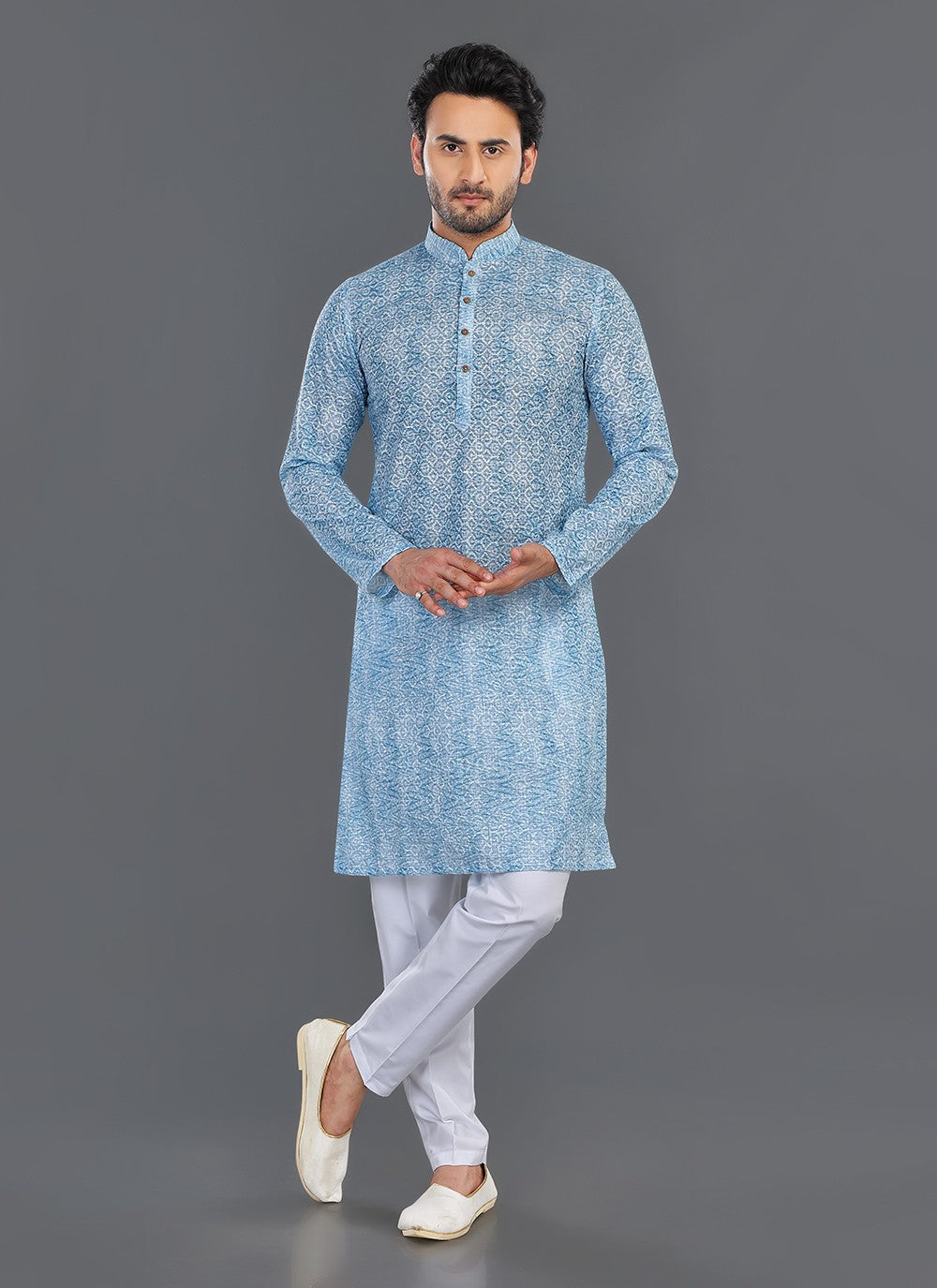 Printed Cotton Blue Kurta Pyjama - M8076