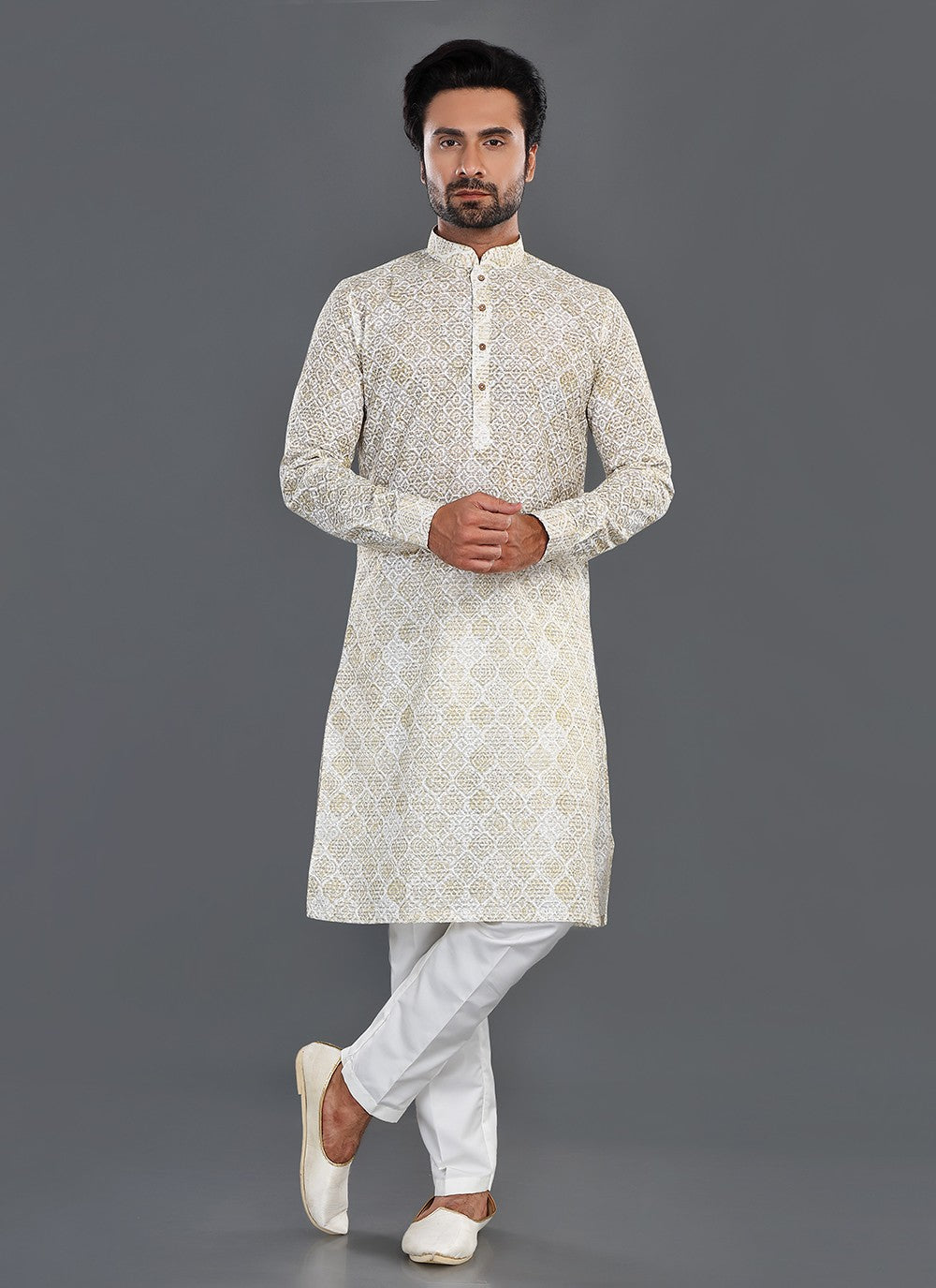 Printed Cotton Off White, Yellow Kurta Pyjama - M8075