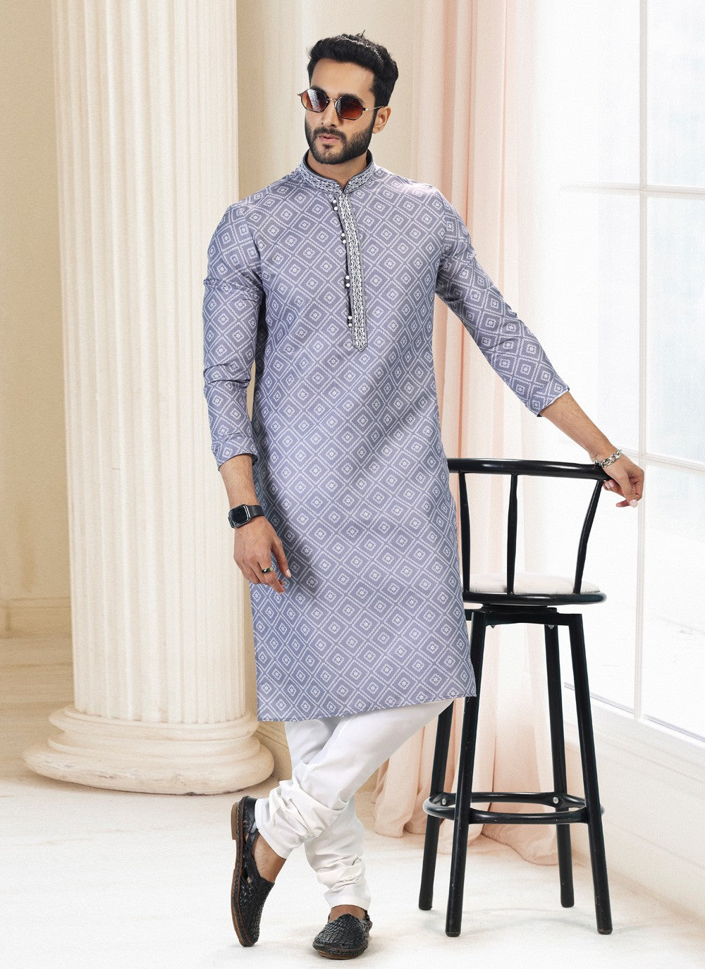 Fancy Work Cotton Grey Kurta Pyjama - M5121