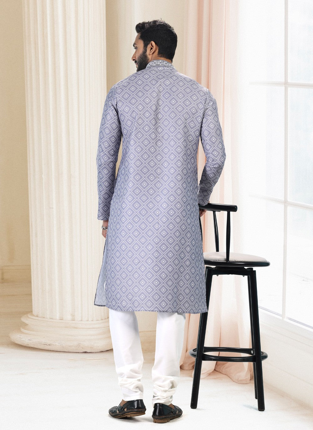 Fancy Work Cotton Grey Kurta Pyjama - M5121