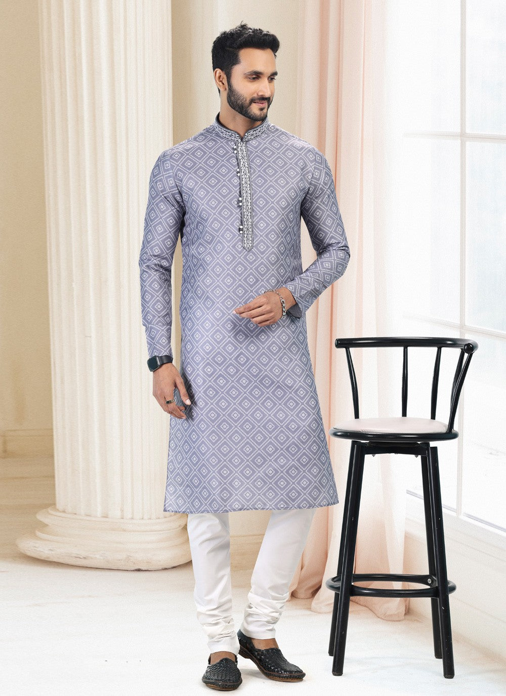 Fancy Work Cotton Grey Kurta Pyjama - M5121