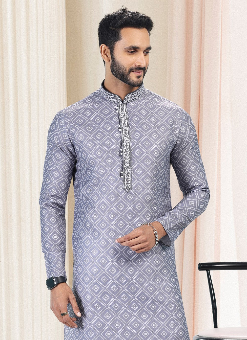 Fancy Work Cotton Grey Kurta Pyjama - M5121