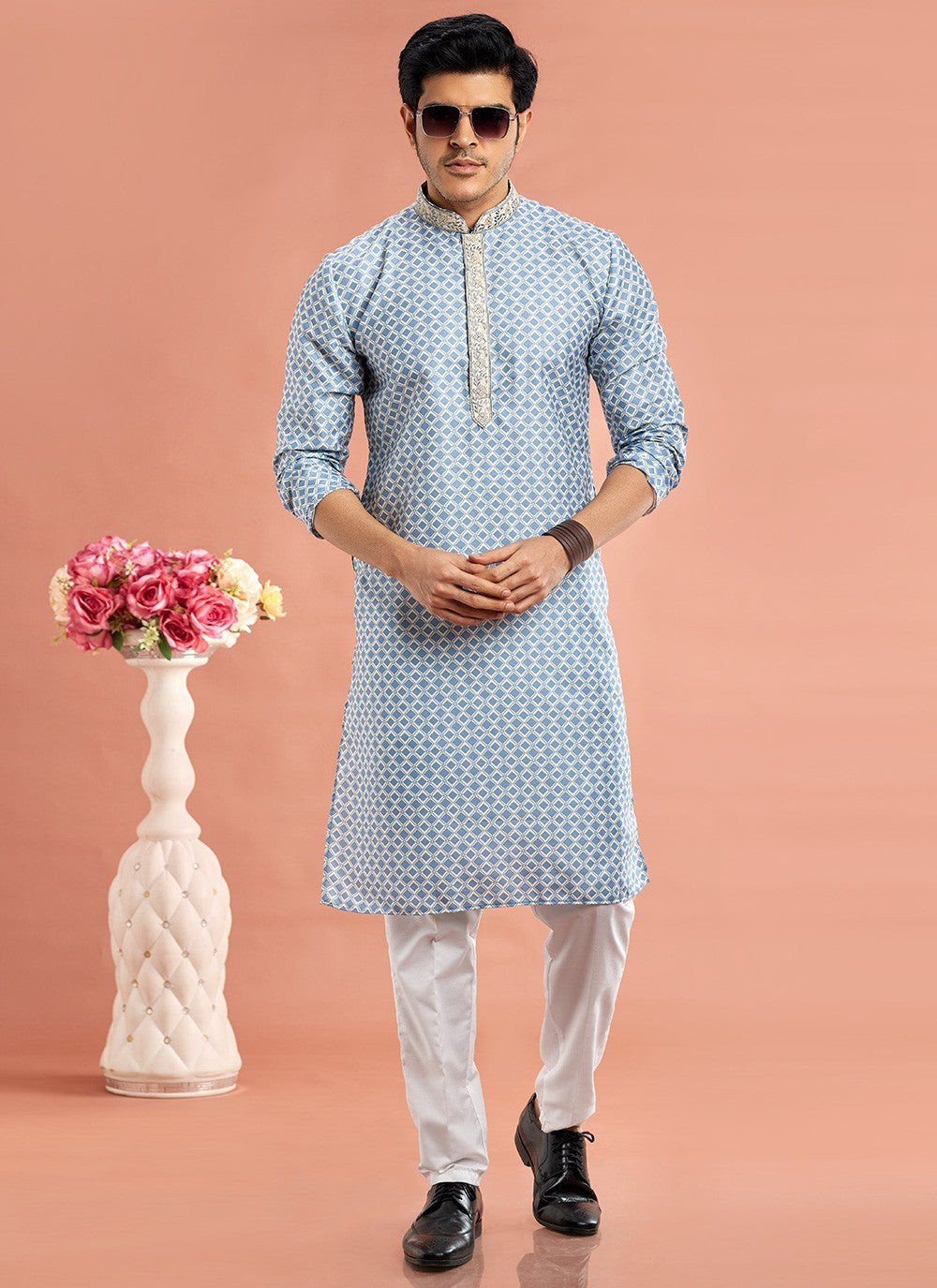 Digital Print Cotton Blue Kurta Pyjama - M7078