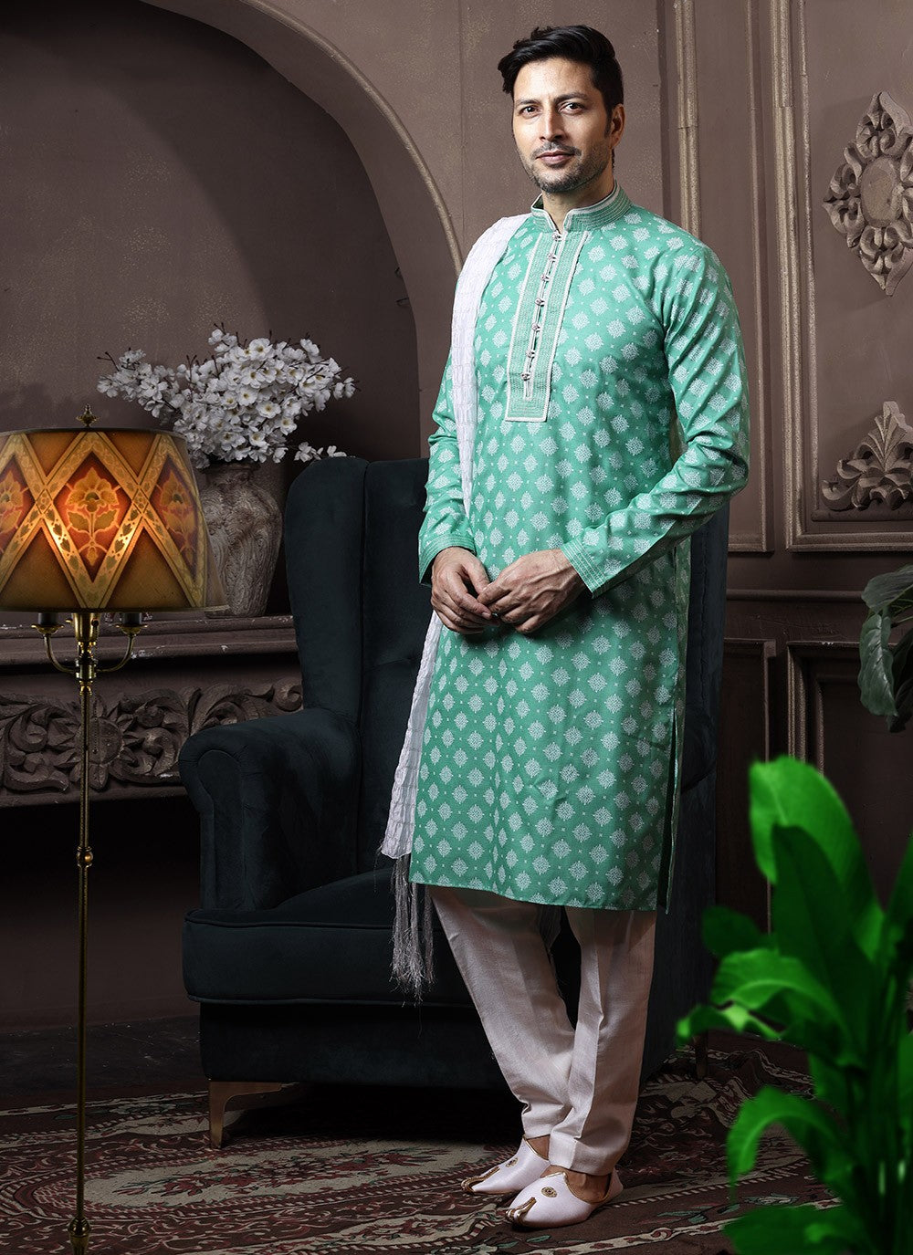 Printed Cotton Turquoise Kurta Pyjama - M3603