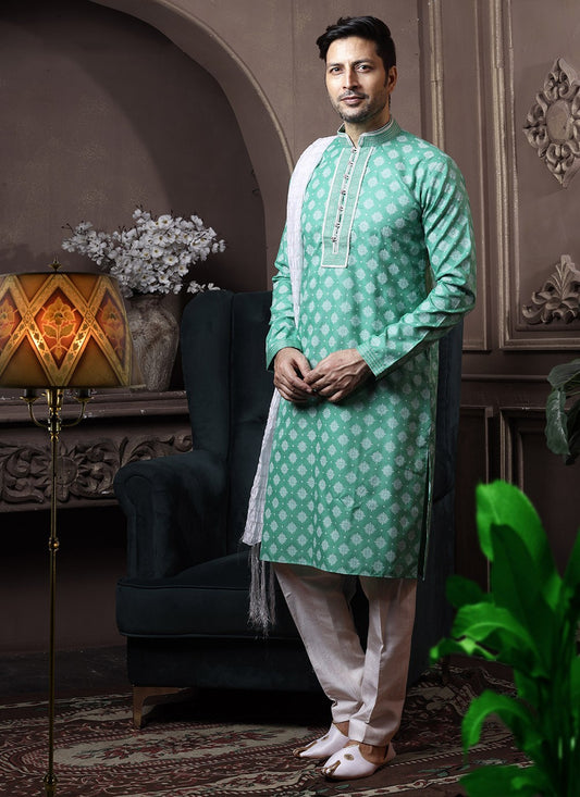 Printed Cotton Turquoise Kurta Pyjama - M3603