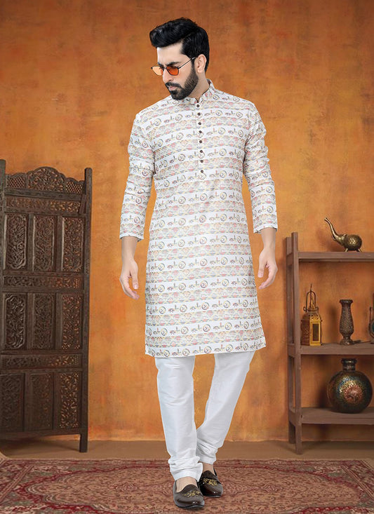 Printed Cotton White Kurta Pyjama - M8796