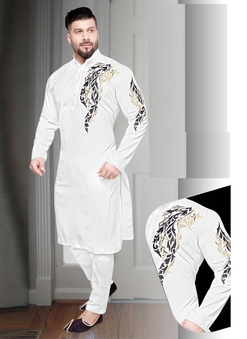 Resham Cotton White Kurta Pyjama - M2203