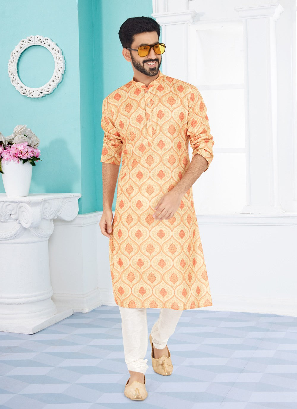 Digital Print Cotton Yellow Kurta Pyjama - M5062