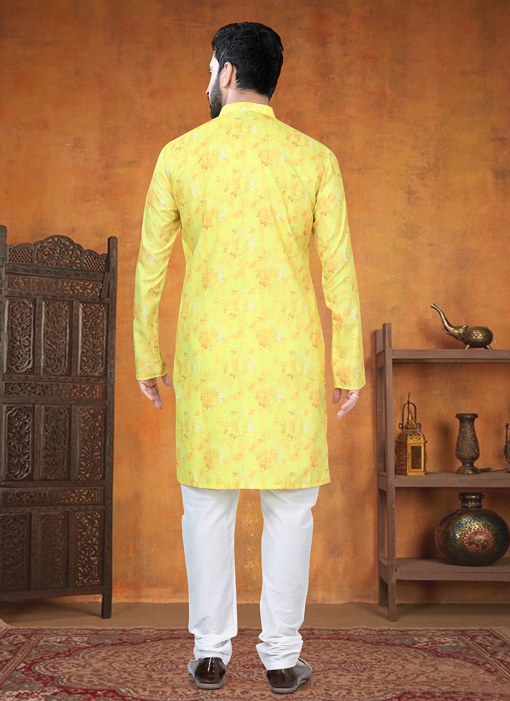 Printed Cotton Yellow Kurta Pyjama - M8779