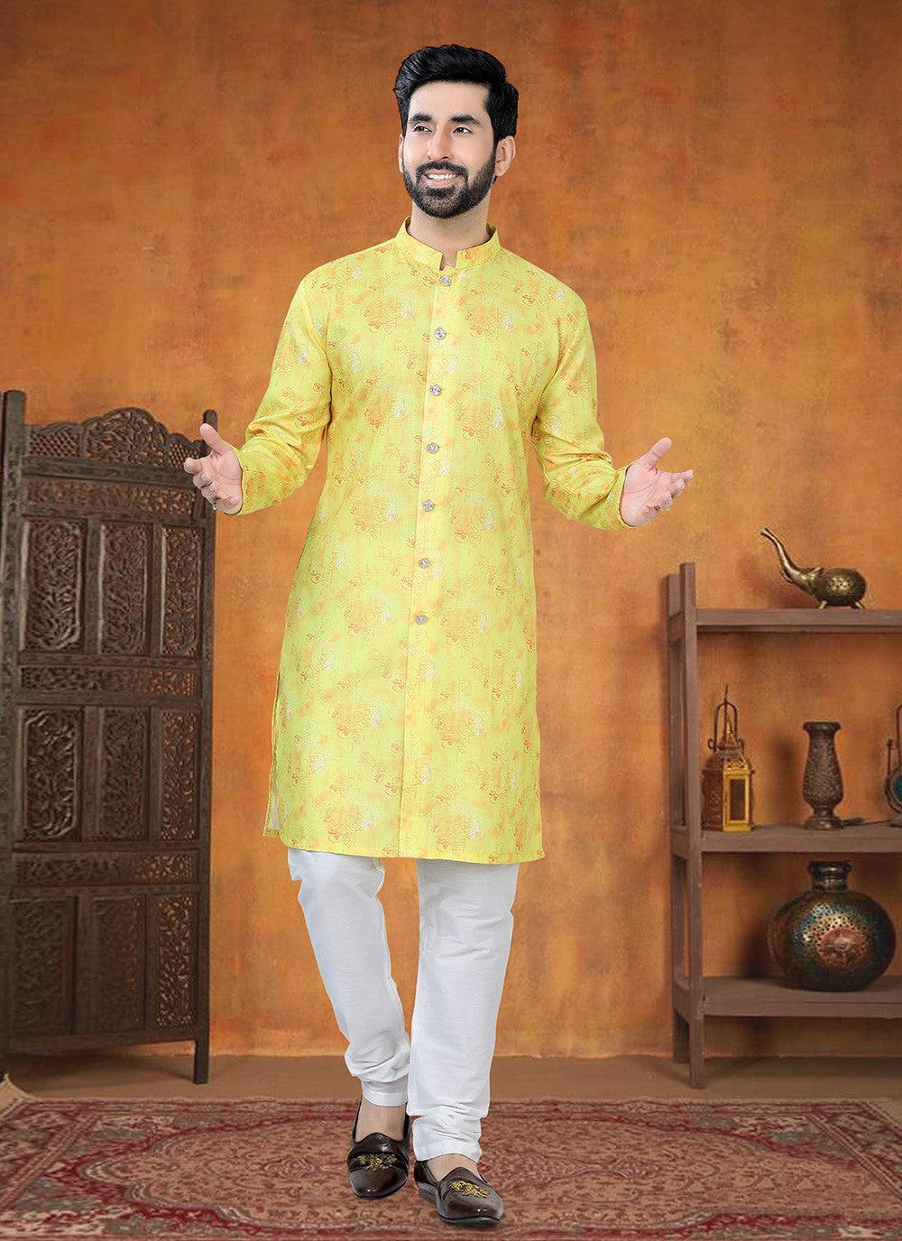 Printed Cotton Yellow Kurta Pyjama - M8779