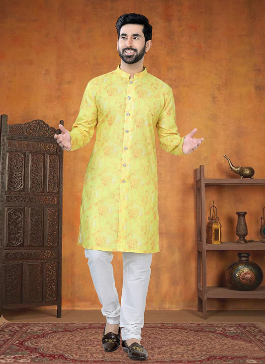 Printed Cotton Yellow Kurta Pyjama - M8779