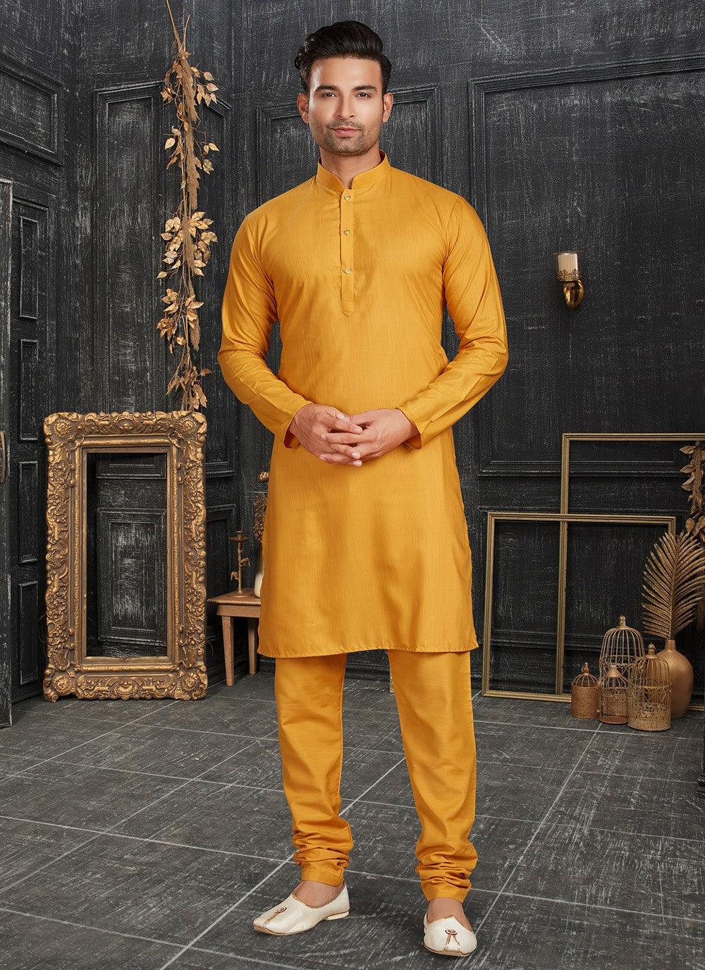 Plain Cotton Yellow Kurta Pyjama - M4359