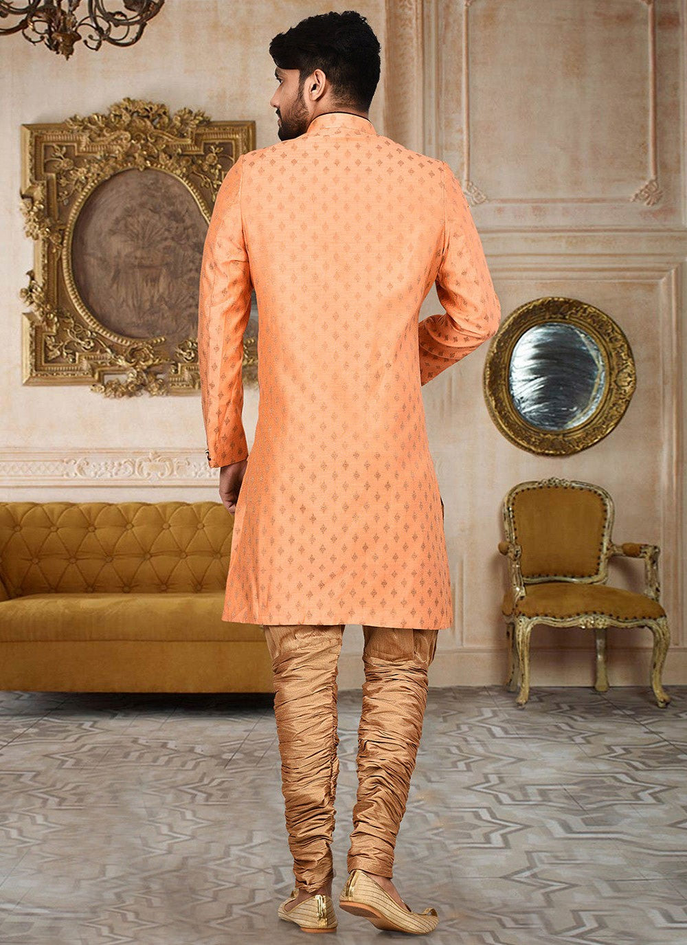 Zari Cotton , Linen Peach Indo Western Sherwani - M2754