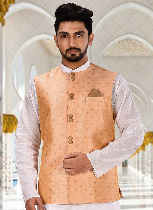 Fancy Work Cotton Peach Nehru Jackets - M2751