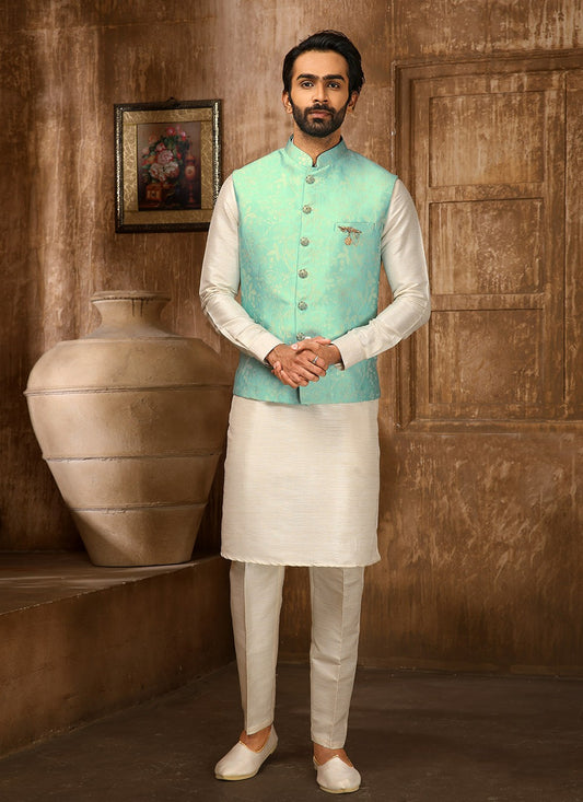 Embroidered Jacquard Cream, Firozi Kurta Payjama With Jacket - M4280