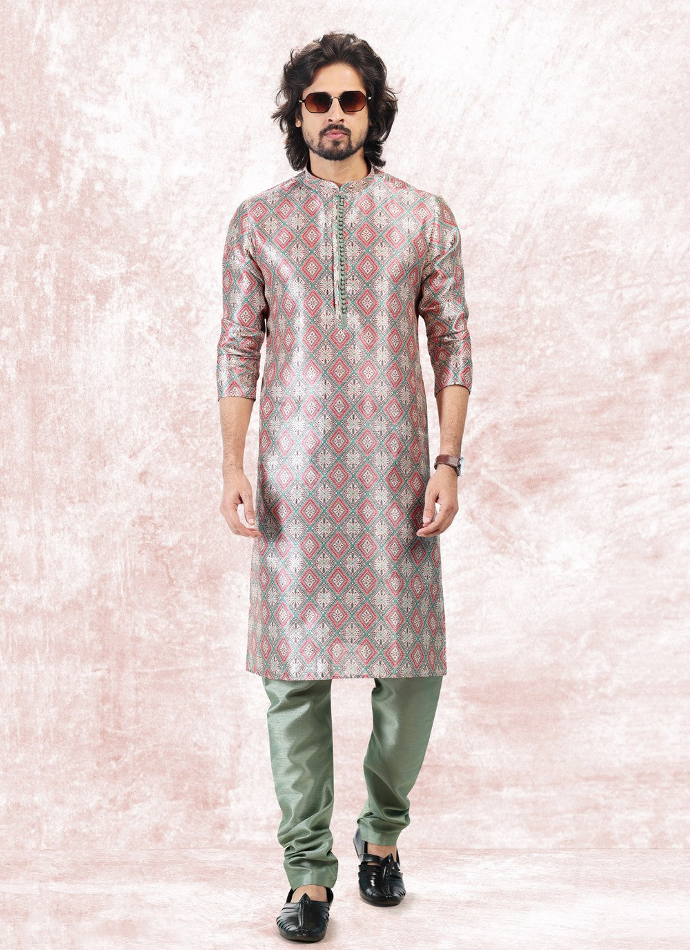 Fancy Work Banarasi Jacquard Cream, Green Kurta Pyjama - M5175