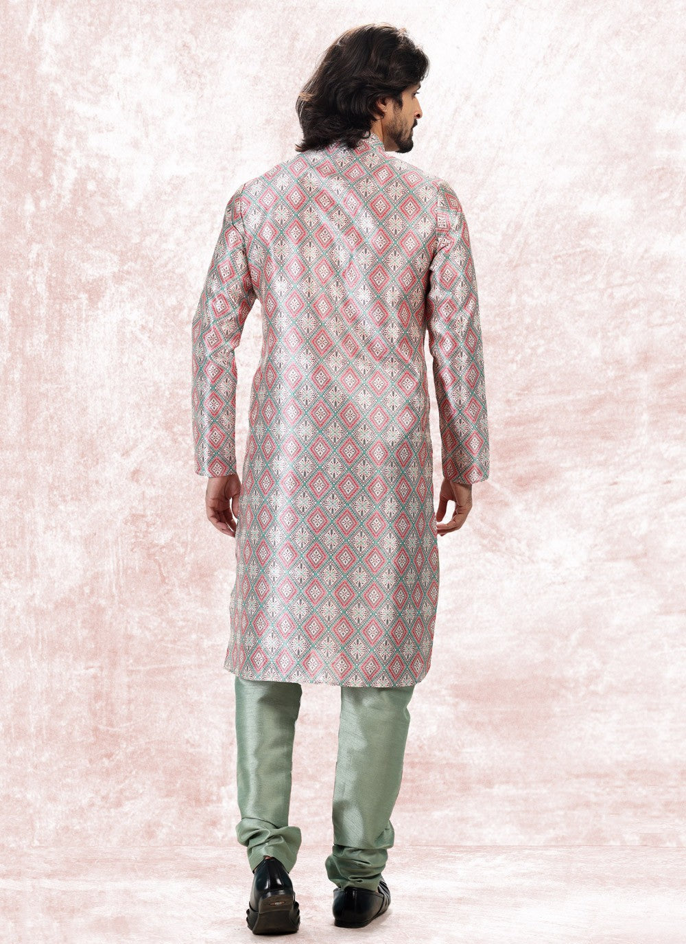 Fancy Work Banarasi Jacquard Cream, Green Kurta Pyjama - M5175