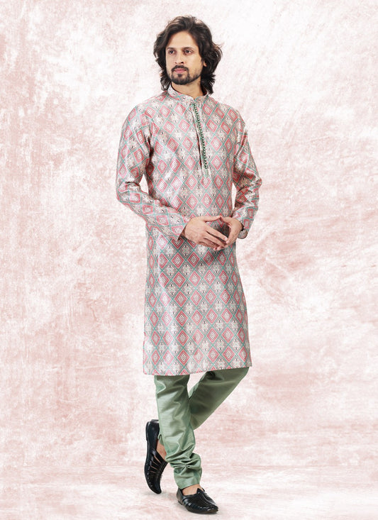 Fancy Work Banarasi Jacquard Cream, Green Kurta Pyjama - M5175