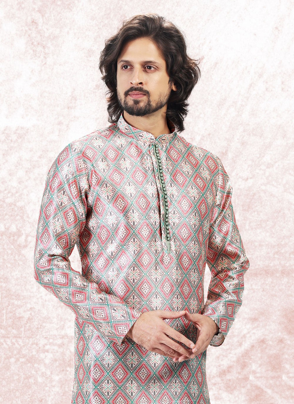 Fancy Work Banarasi Jacquard Cream, Green Kurta Pyjama - M5175