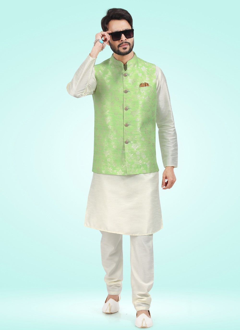 Fancy Work Banarasi Jacquard Cream, Green Kurta Payjama With Jacket - M4593