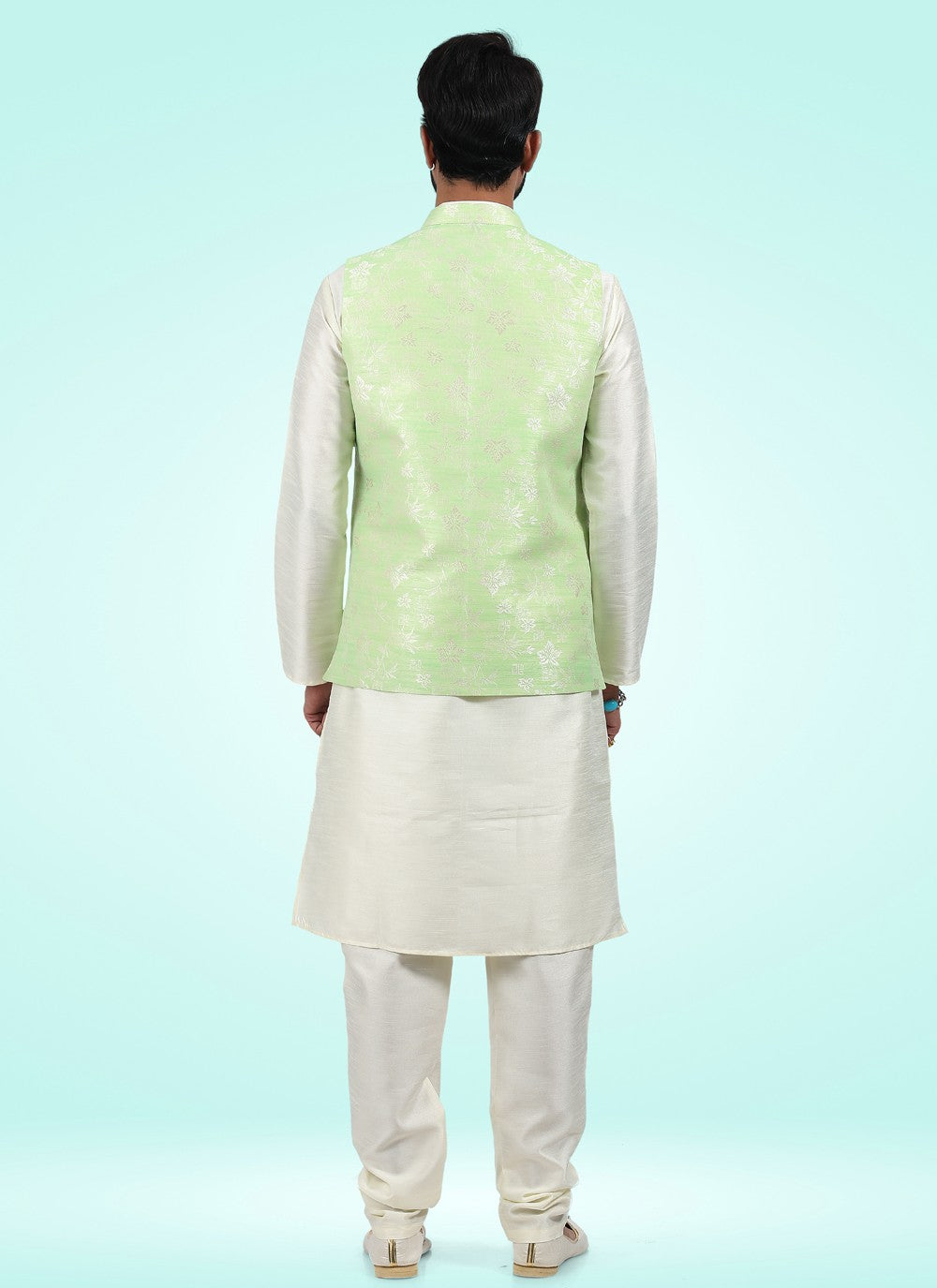 Fancy Work Banarasi Jacquard Cream, Green Kurta Payjama With Jacket - M4593