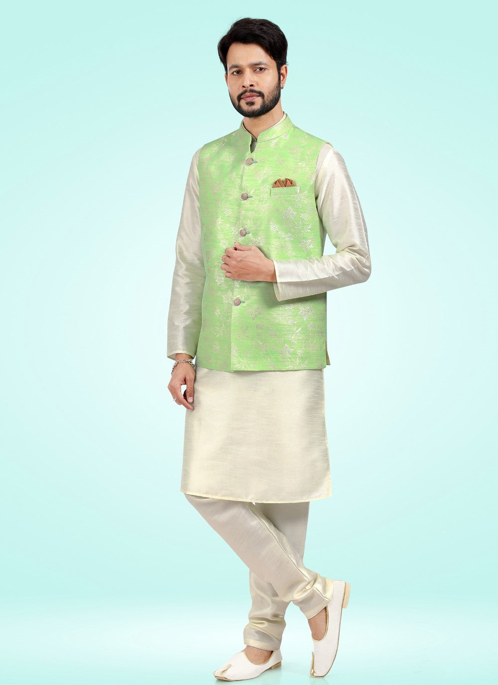 Fancy Work Banarasi Jacquard Cream, Green Kurta Payjama With Jacket - M4593